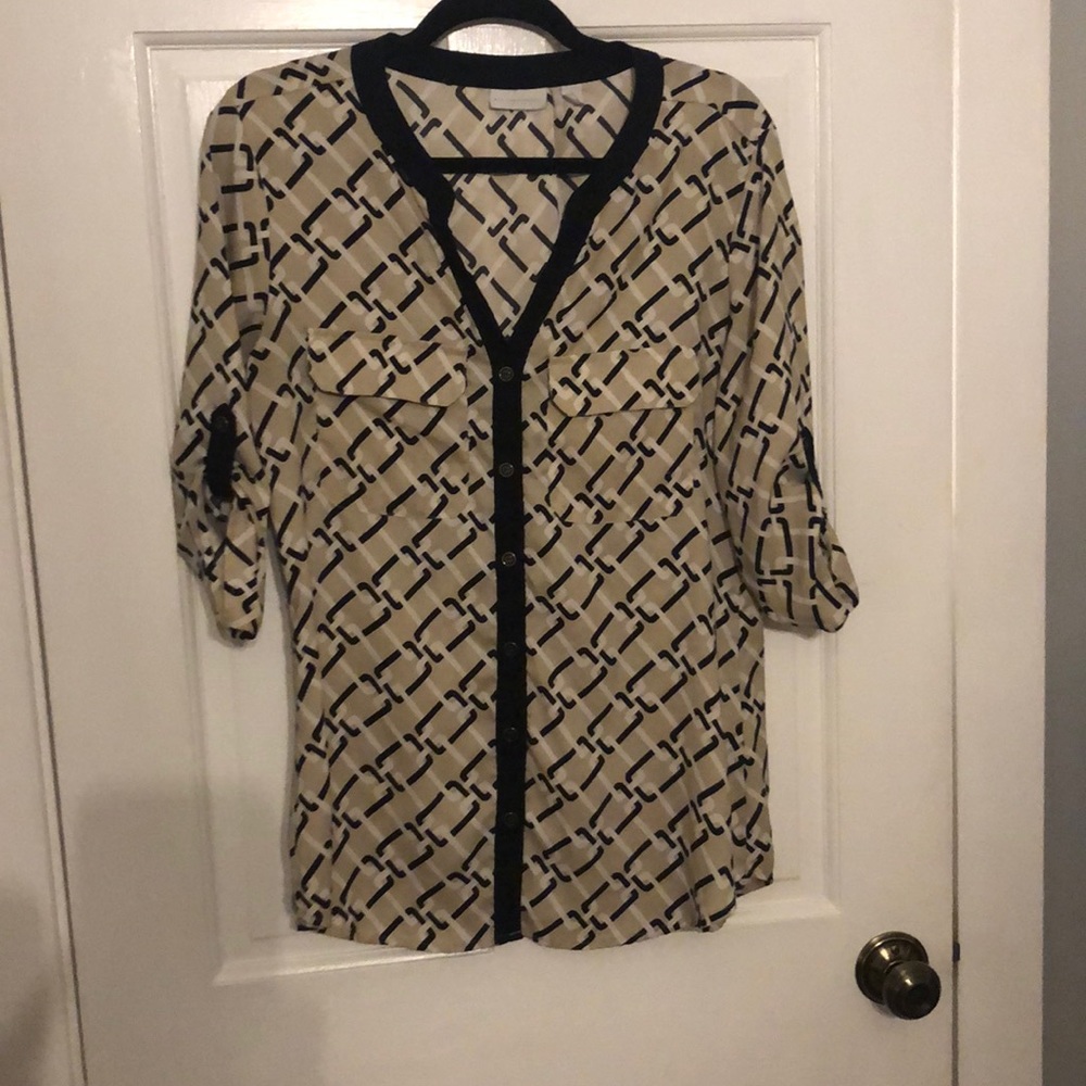 Taupe & black geometric blouse from NY&Co